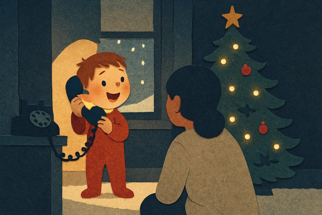Un niño en pijama rojo contesta un móvil antiguo frente al árbol de Navidad mientras su mamá lo mira.