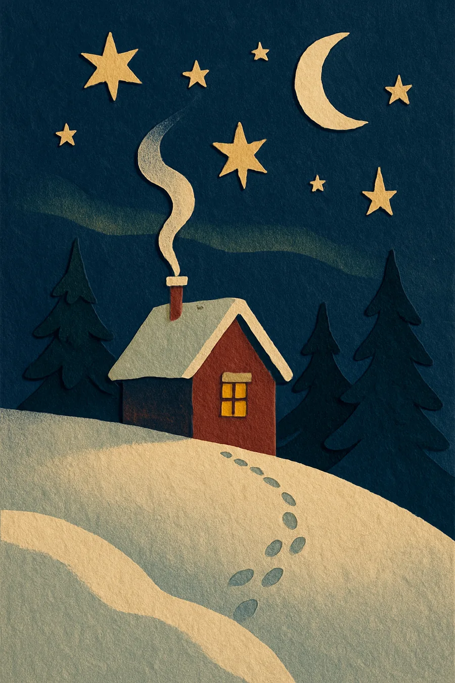 Una casita en una colina nevada, de noche, con una ventana encendida.