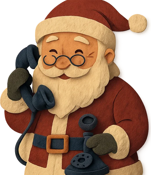 Papá Noel, con gesto amable, hablando por un móvil antiguo.
